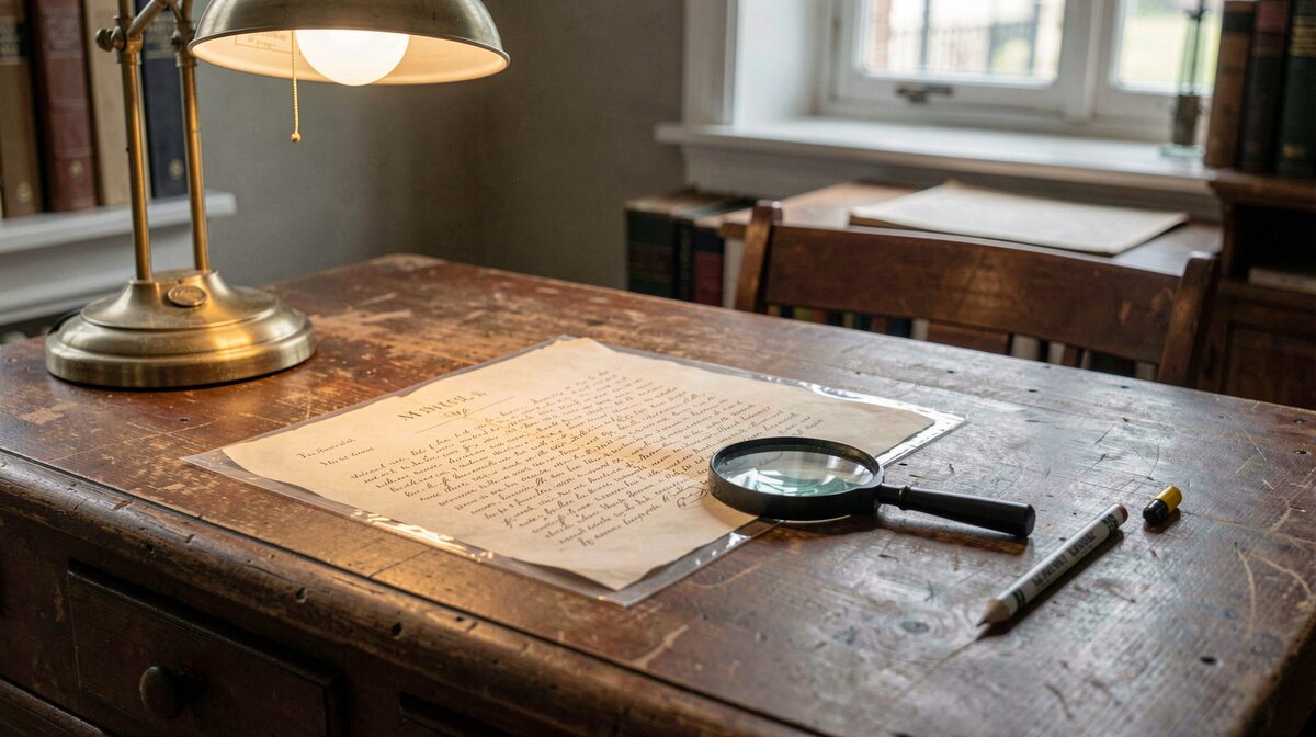 Une table de salle d'archives éclairée par une lampe basse, un acte notarié ouvert sous une pochette plastique, une loupe posée à côté et un crayon gras, cadrage serré à hauteur de main.