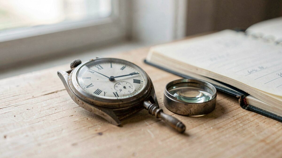 Sur un établi en bois clair, une montre ancienne à boîtier acier posée cadran vers le haut, à côté d'une loupe et d'un carnet ouvert, lumière douce de fenêtre latérale, cadrage serré sur le cadran et les aiguilles.