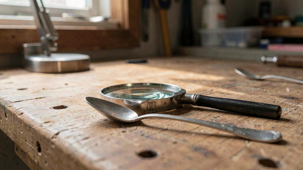 Sur un établi en bois éclairé par une lampe d'architecte, une loupe posée près d'une cuillère en argent dont le poinçon carré est saisi en gros plan, lumière rasante venant de la gauche, cadrage serré à hauteur d'objet.
