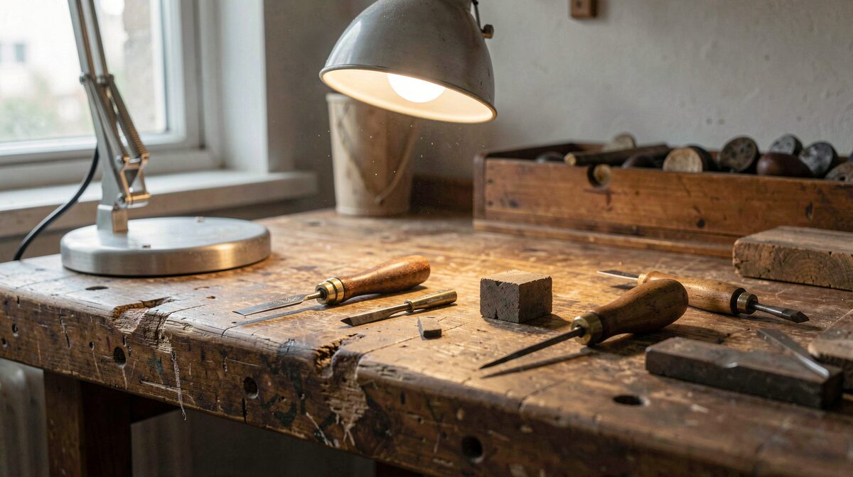 Un établi de bijoutier en bois usé, éclairé par une lampe d'architecte orientable, avec un burin, un gravoir et un bloc de cire posés près d'une petite pièce en métal, vue rapprochée en lumière rasante.