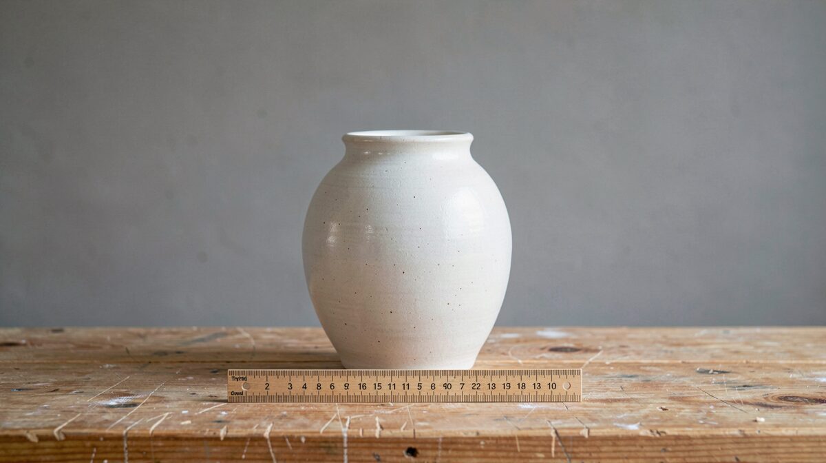 Un vase en céramique posé sur une table d'atelier en bois, photographié de face à hauteur de sa panse, une règle graduée posée à sa base, lumière douce et frontale venant de la gauche, fond gris mat, cadrage large laissant de l'air autour de l'objet.